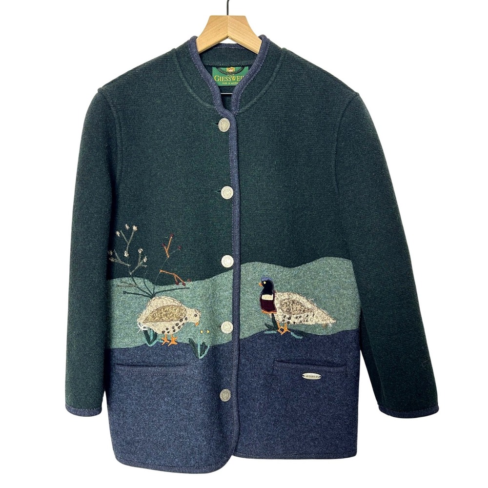 Giesswein Jacket 10 Green Wool Bird Embroidered Austrian Cardigan grandma alpine
